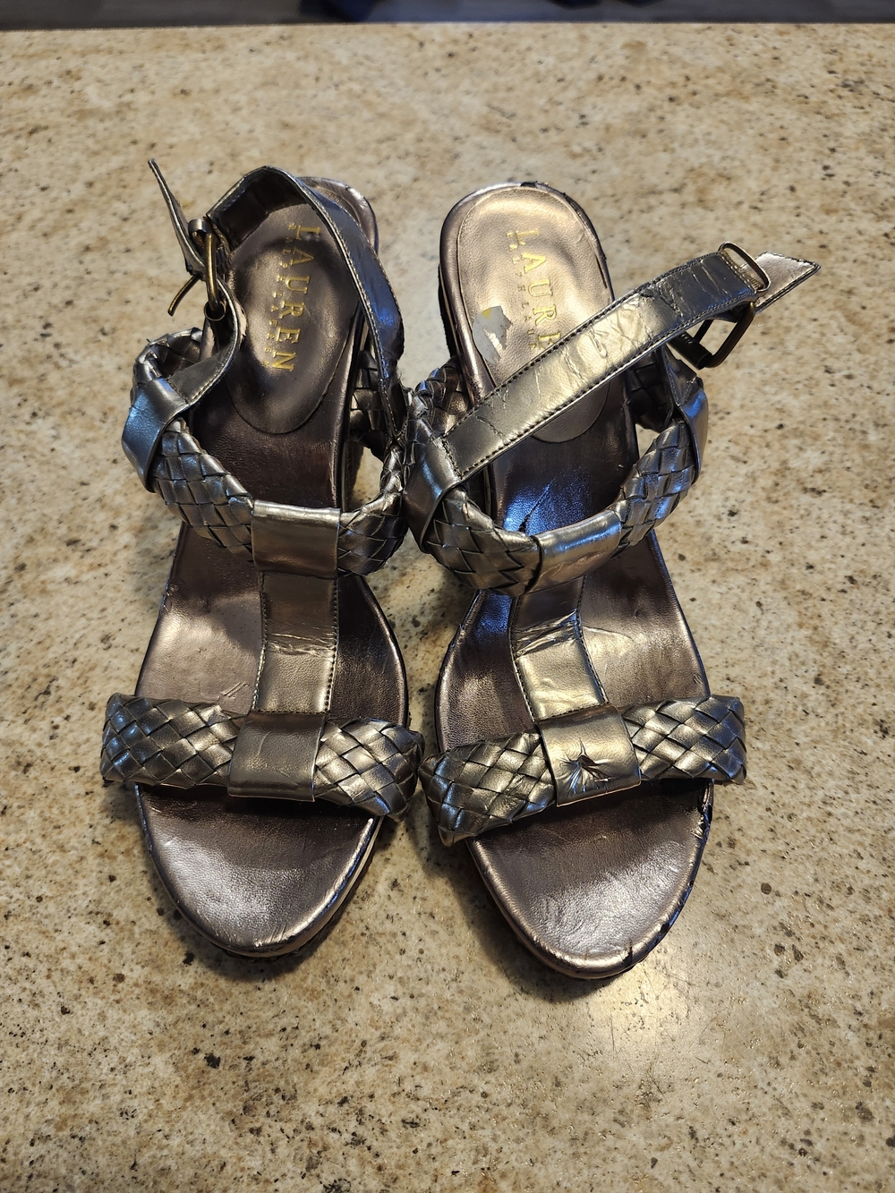 Lauren Ralph Lauren Metallic Pewter Braided Strap Sandals